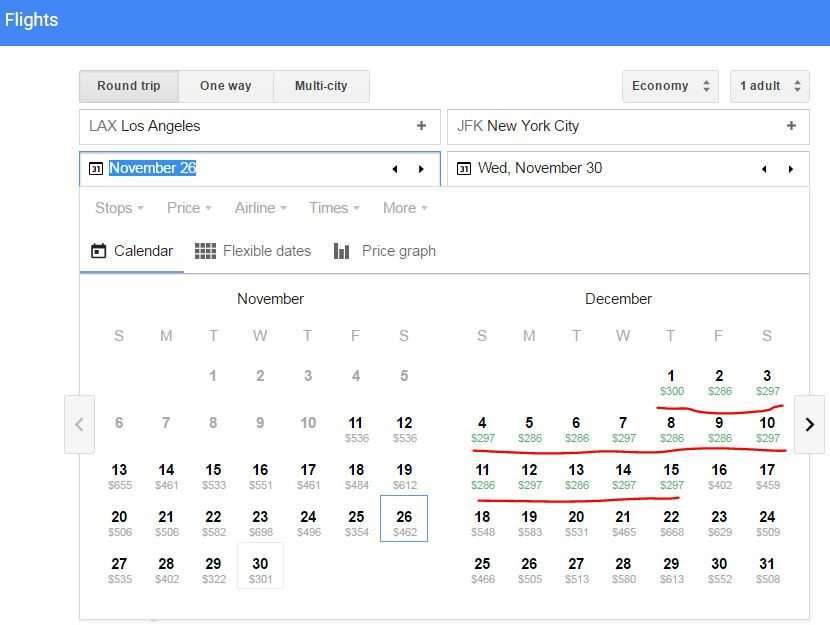 In this photos you can see the varied prices from LAX to JFK throughout November and December