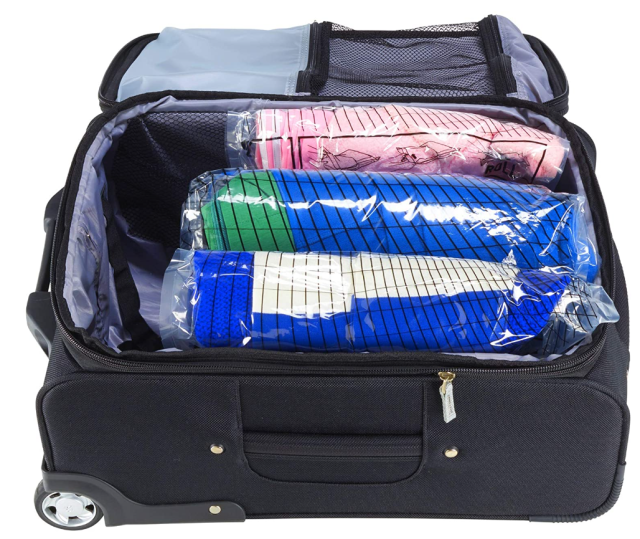 Compression bags minimize space clothes take up in carry-on luggage